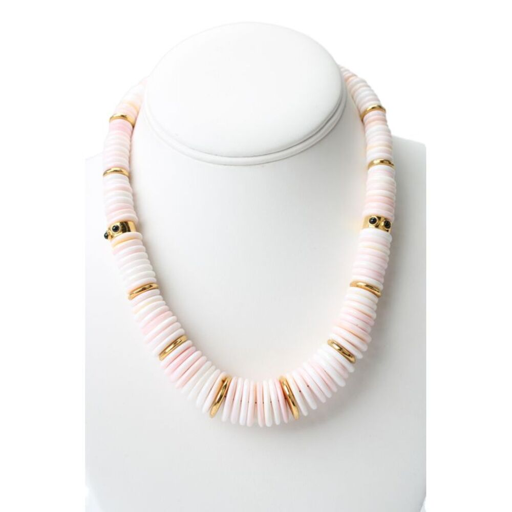 Designer Womens Gold Tone Pink+White Heishi Shell Bead Necklace 17"